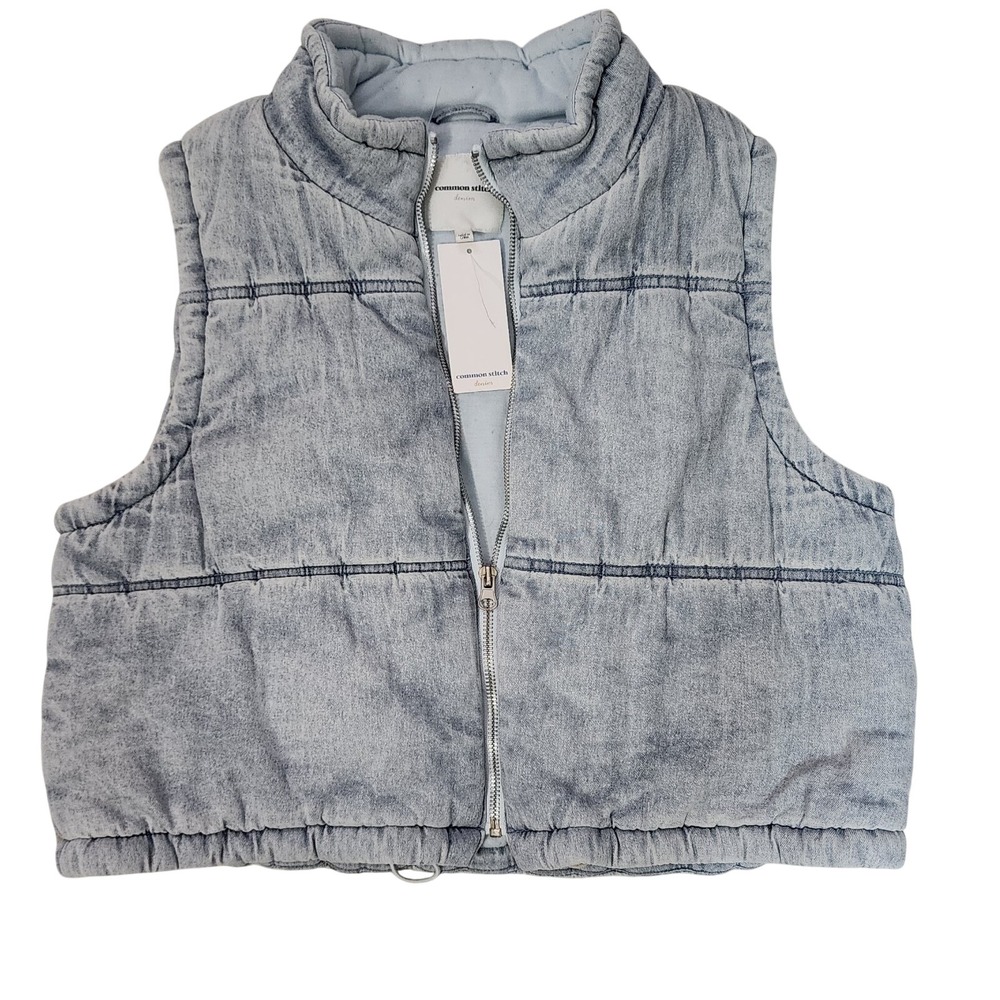 Common Stitch Denim Puffer Vest Acid Wash Cropped Zip Up Sleeveless Jacket M